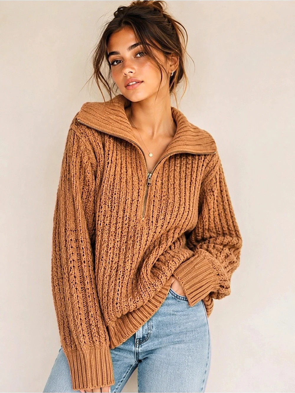 aerie cable car chunky knit Half-Zip Sweater caramel Brown Small